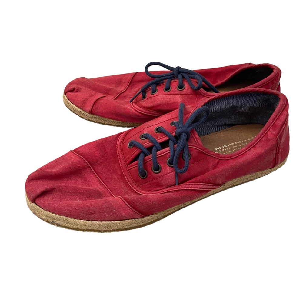 Toms Lace Up Shoes Sneakers Canvas Burlap Sole Red Mens Sz 9 Casual Comfort